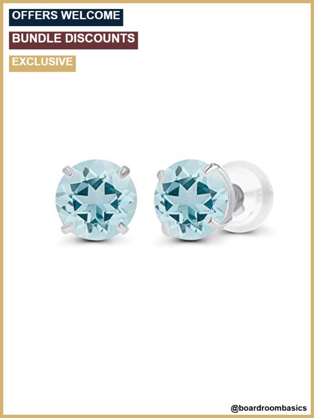 14K Solid Gold 4mm Round Genuine Aquamarine Birthstone Prong Set Stud Earrings